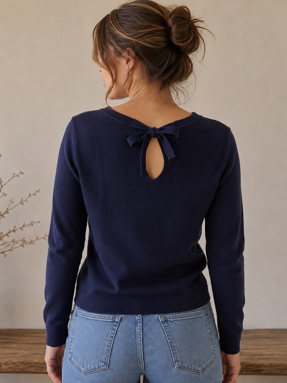 Navy Wool Blend Keyhole Back Bow Sweater